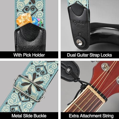 Adjustable 2 Wide Jacquard Embroidery Cotton Guitar Strap with Leather Ends - Includes Locks & Picks