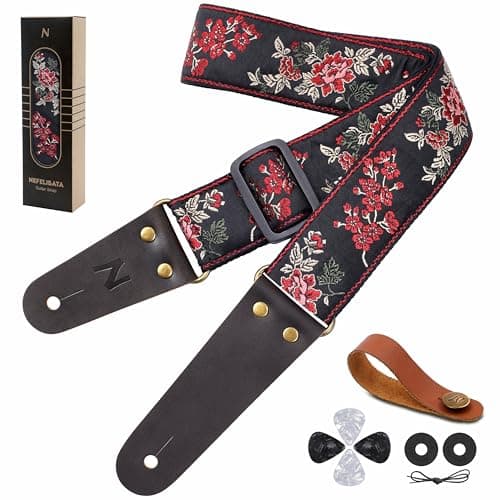 Vintage Embroidered Nefelibata Guitar Strap with Cowhide Ends, 1 Pair Locks & Picks — Pink Diamond