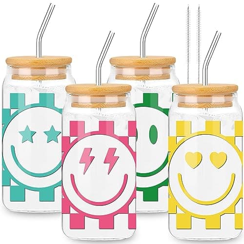 Preppy Checkered Happy Face Drinking Glasses Set for Cocktails and more
