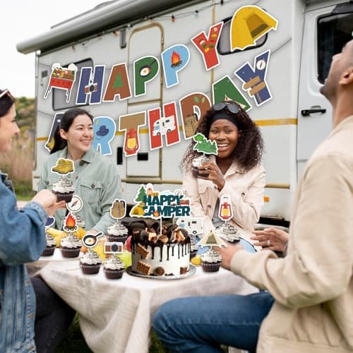Camping Birthday Banner & Cake Topper Kit - Red, Orange, Brown, Green, Blue - 26 Pieces