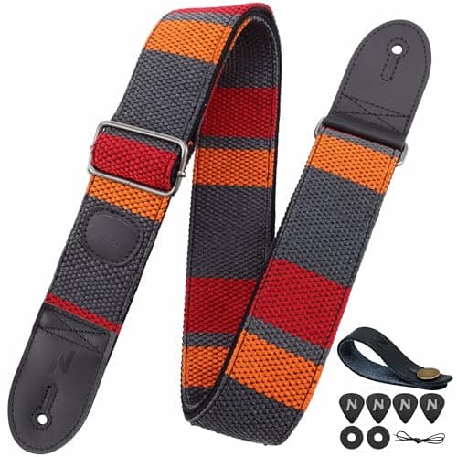Nefelibata Guitar Strap with Pick Pocket - 2 Inch Thicker Woven Strap for Bass, Electric, and Acoustic Guitars — Red&black Stripes