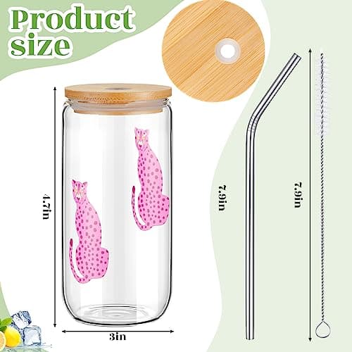 4-Piece Pink Glass Coffee Cup Set with Lids and Straws for Women's Gifts