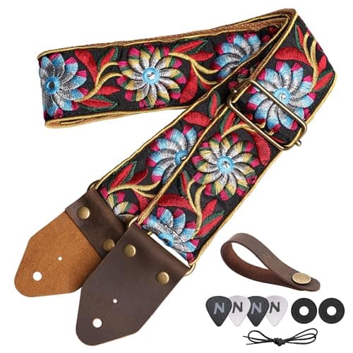 Nefelibata Golden Jacquard Embroidery Guitar Strap for Bass, Electric & Acoustic Guitars - Best Gift for Kids — I#-retro Black Daisy