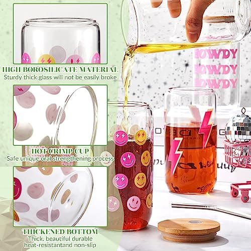 4-Piece Pink Glass Coffee Cup Set with Lids and Straws for Women's Gifts