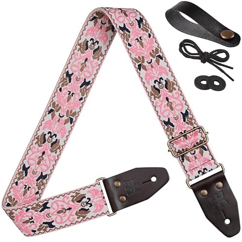 Amumu Black Brown Spade Heart Embroidery Vintage Guitar Strap — Pink Spades Heart