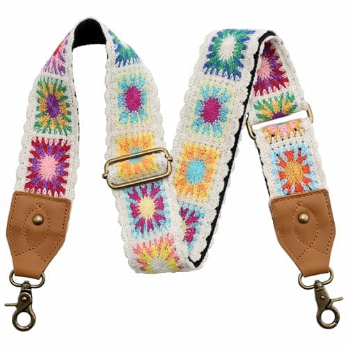 Nefelibata Purse Strap: Adjustable Leather Shoulder Replacement — White Knit Embroidery