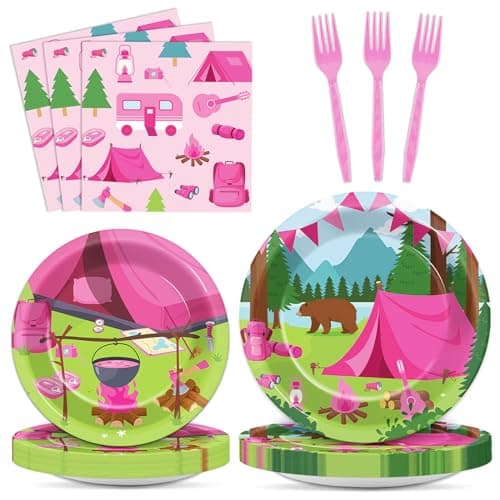 Pink Camping Party Supplies for 24 Guests - 96Pcs