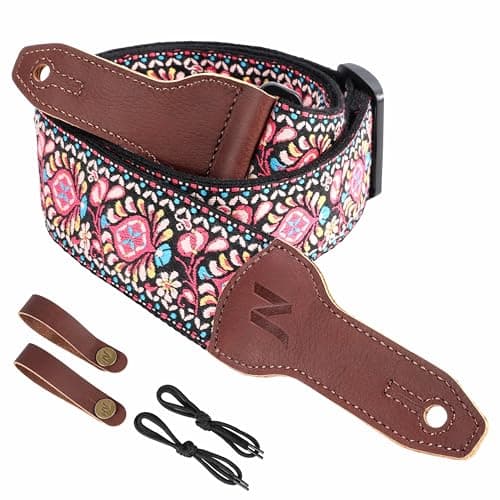 Nefelibata Banjo Strap, 2 Wide Double Full Grain Cowhide Guitar Strap - Small Flower Embroidery — Pink Flower Embroidery