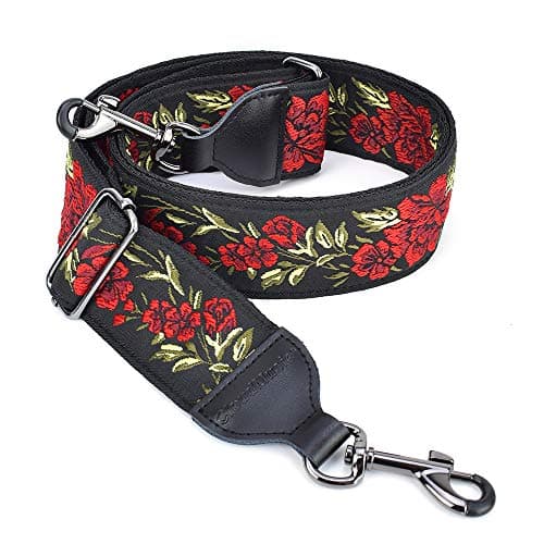 Banjo Strap Guitar Strap with Leather Ends and Metal Clips (Flowers) — Red Roses