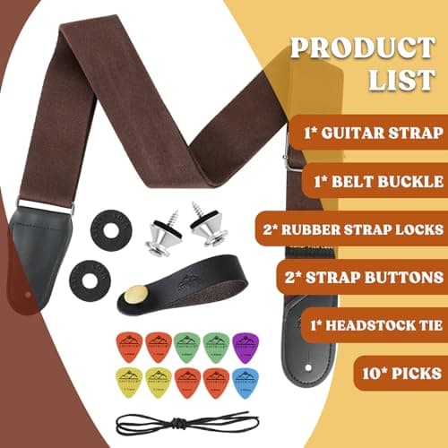EASTROCK Adjustable Brown Leather Guitar Strap Set with Picks Holders