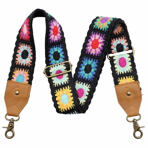 Nefelibata Purse Strap: Adjustable Leather Shoulder Replacement — Black Knit Embroidery
