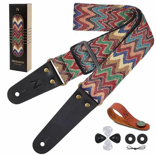 Nefelibata Embroidered Cotton Guitar Strap with Cowhide Ends (Saffron) — Rainbow Waves