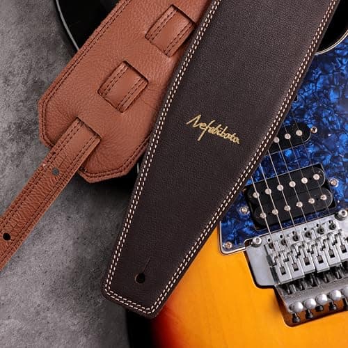 Nefelibata Full Grain Leather Guitar Strap, 49-57", Foam Padded, Adjustable, Coffee