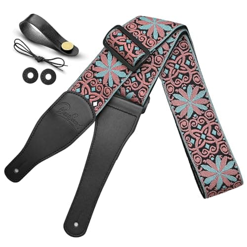 Jacquard Embroidered Cotton Guitar Strap with Leather Ends for Bass, Acoustic & Electric — Retro Grapefruit