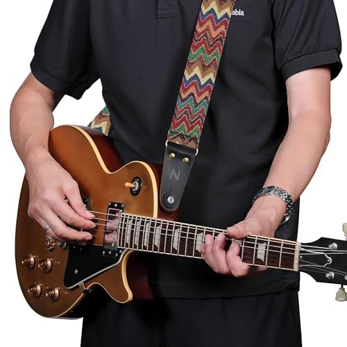 Vintage Jacquard Weave Cotton Guitar Strap with Leather Ends for Bass, Electric & Acoustic Guitars