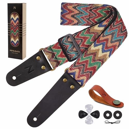 Vintage Jacquard Weave Cotton Guitar Strap with Leather Ends for Bass, Electric & Acoustic Guitars