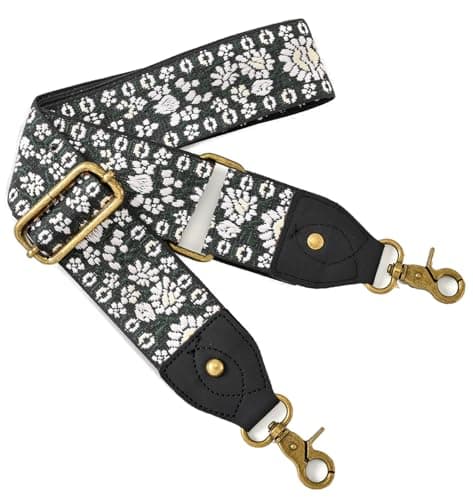 Adjustable Embroidery Guitar Style Bag Strap — Black Leather-38