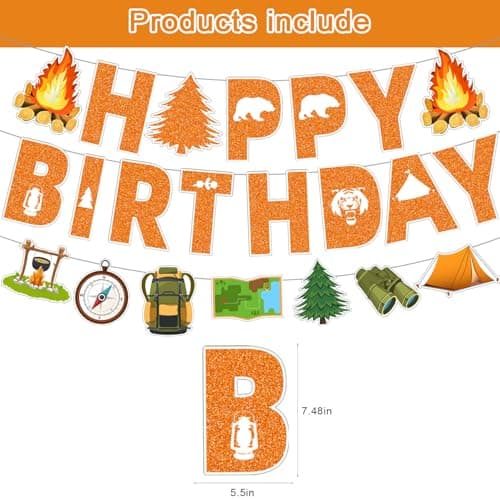 Happy Camper Birthday Party Decorations: Banner, Campfire Swirls, Honeycomb Centerpiece