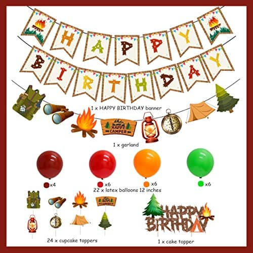 Camping Birthday Decoration Kit - Banner, Garland, Balloons, Cake Toppers, Tent Decorations