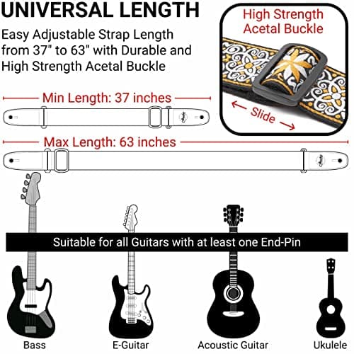 Amumu Hootenanny Yellow Cotton Guitar Strap for Acoustic, Electric & Bass Guitars