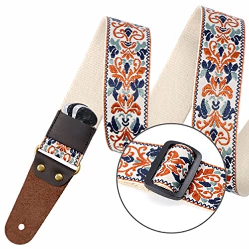 Embroidered Guitar Strap with Leather Ends & Pocket, for Bass & Electric Guitars