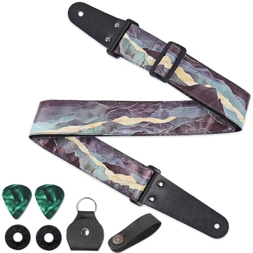 QIELIZI Adjustable Guitar Strap with 2 Locks, 2 Picks, Pick Holder & Leather Button — 1-hill Green2