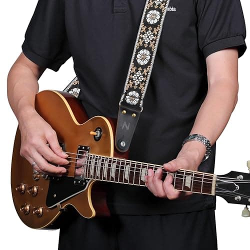 Vintage Embroidered Cotton Guitar Strap for Bass, Electric & Acoustic Guitar with Leather Ends and Accessories