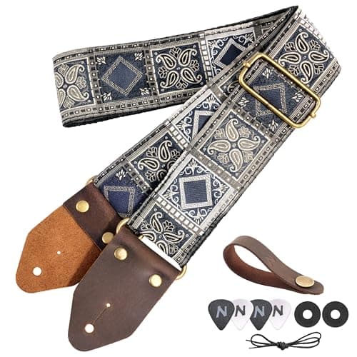 Red Gold Embroidery Nefelibata Jacquard Guitar Strap for Bass, Electric & Acoustic — I#-bohemian Dark Blue Chequered