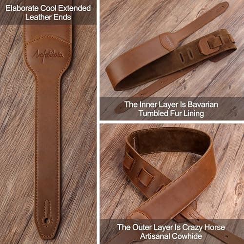 Light Brown Crazy Horse Leather Nefelibata Banjo Strap, Adjustable Double Layer