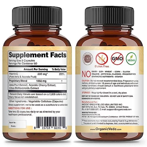 Veda Superfruits Vitamin C Capsules - Acerola Cherry & Amla Berry, 120 Vegan Pills for Immunity & Skin Health