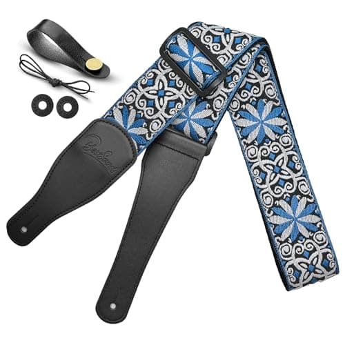 Jacquard Embroidered Cotton Guitar Strap with Leather Ends for Bass, Acoustic & Electric — Retro Blue