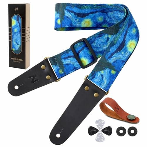 Vintage Embroidered Nefelibata Guitar Strap with Cowhide Ends, 1 Pair Locks & Picks — Blue Oil Painting