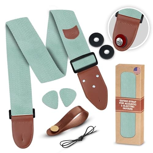 Adjustable Art Tribute Guitar Strap with Security Locks and Unique Picks — A Light Green