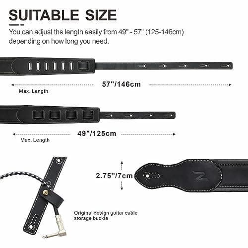 Nefelibata Double-Thick Full-Grain Leather Guitar Strap with Cable Loop (Black)