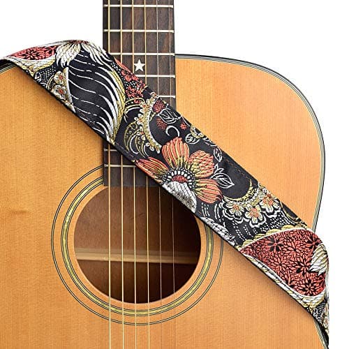 Vintage Classical Pattern CloudMusic Guitar Strap with Leather Ends — Flowers in Black