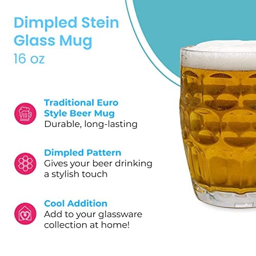 LavoHome Classic European Style Glass Stein Mug - 16 oz Set of 2, Perfect for Oktoberfest Parties