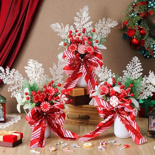 Christmas Mason Jars Decor Set with Peppermint Candy and Faux Plants for Holiday Table Centerpiece