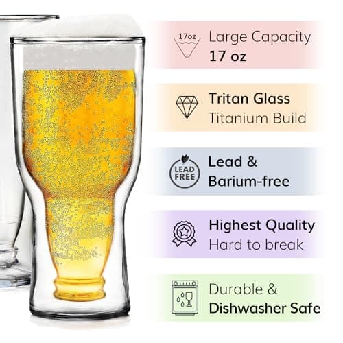 Double Wall Insulated Tritan Beer Cups - 2 Set, 17 oz, Shatterproof, Pub Mug, PicnicReusable