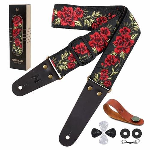 Guitar Strap with Flower Embroidery for Bass, Electric & Acoustic Guitars — Red Rose