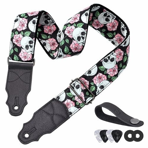 Head Layer Cowhide Leather Guitar Strap, 2" Wide, 2 Locks, 4 Picks Included — Pink Roses & Skulls