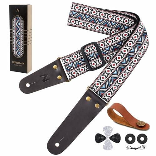 Vintage Embroidered Nefelibata Guitar Strap with Cowhide Ends, 1 Pair Locks & Picks — White Diamond