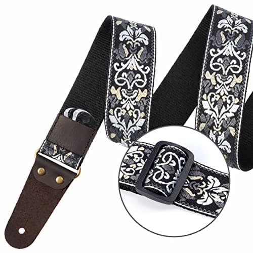 Embroidered Guitar Strap with Leather Ends & Pocket, for Bass & Electric Guitars