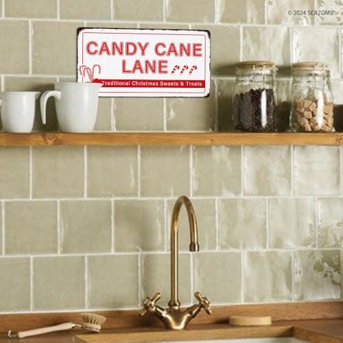 Traditional Christmas Candy Cane Lane Metal Tin Sign - Vintage Retro Kitchen Decor for Home or Cafe