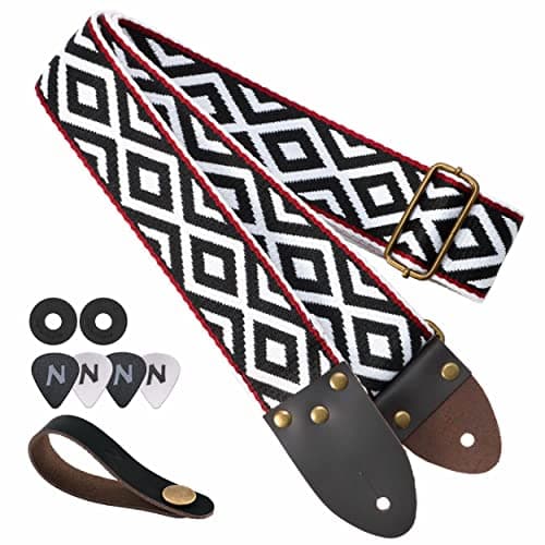 Vintage Jacquard Embroidery Cotton Guitar Strap with Leather Ends for Electric and Acoustic Guitars — Black and White Diamond Square