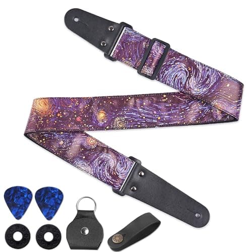 QIELIZI Adjustable Guitar Strap with 2 Locks, 2 Picks, Pick Holder & Leather Button — 1-starry Sky2
