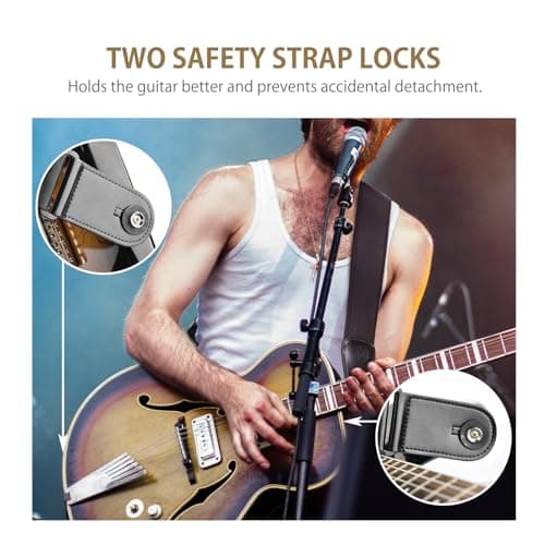 Electric Guitar & Bass Strap, Adjustable 44-54", Padded Pick Holder & Locks