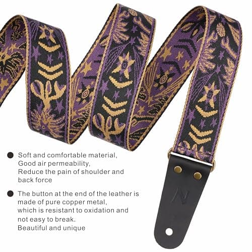 Embroidered Leather Guitar Strap with Hidden Pocket for Electric, Acoustic, and Bass Guitars