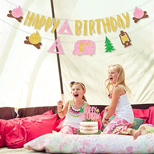 Pink Glitter Camping Birthday Banner & Toppers for Girl Parties