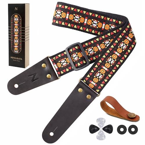 Nefelibata Embroidered Cotton Guitar Strap with Cowhide Ends (Saffron) — Orange Geometry