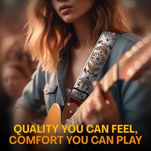Vintage Woven Embroidered Guitar Strap - White,Adjustable for Acoustic, Electric & Bass Guitars Includes Picks